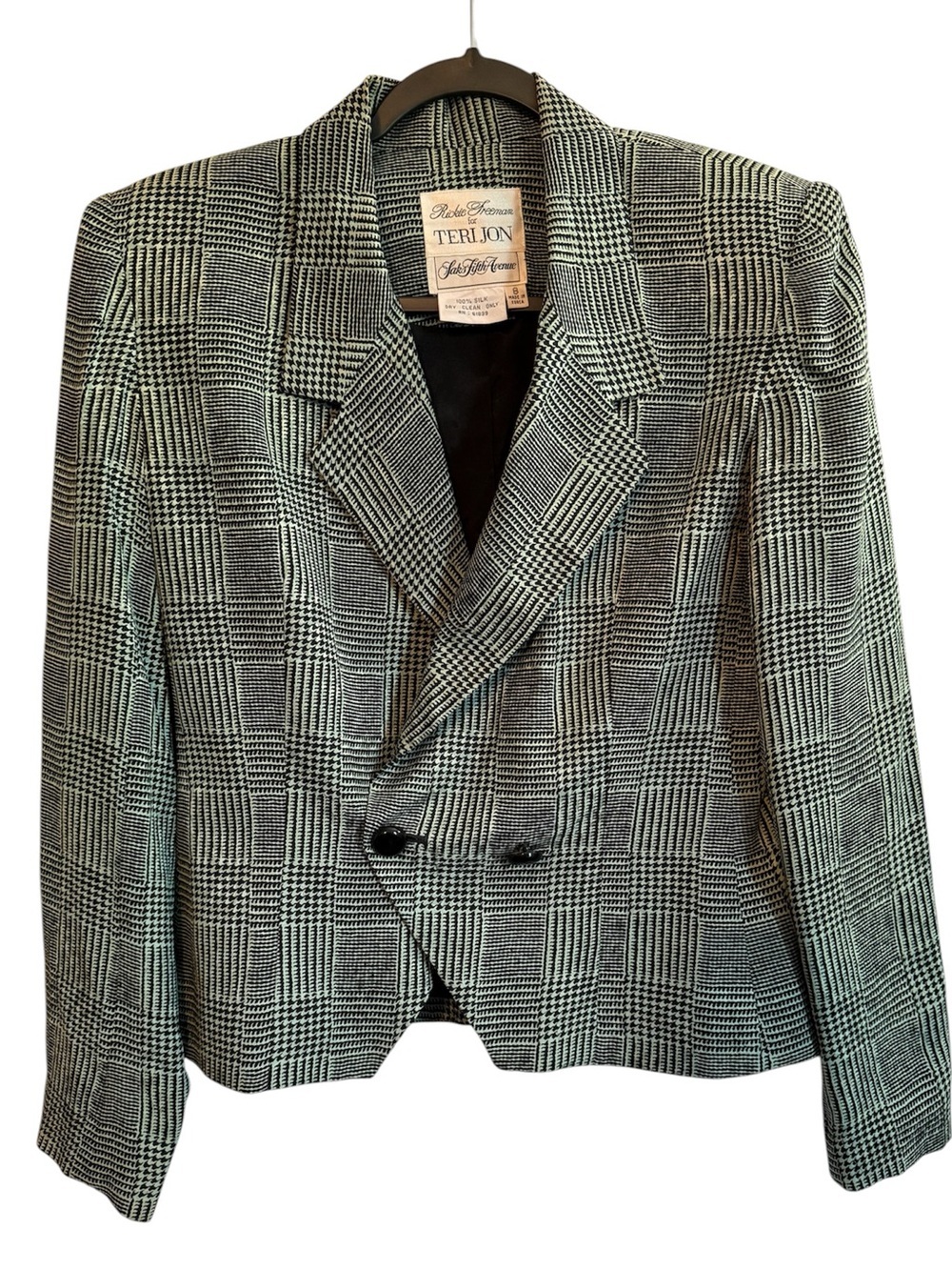 Teri Jon Black and Green Plaid Silk Blazer